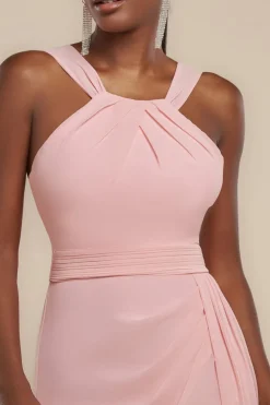 Halterneck Thigh Split Chiffon Maxi Dress - Blush Pink by Goddiva