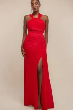 Halterneck Thigh Split Chiffon Maxi Dress - Red by Goddiva