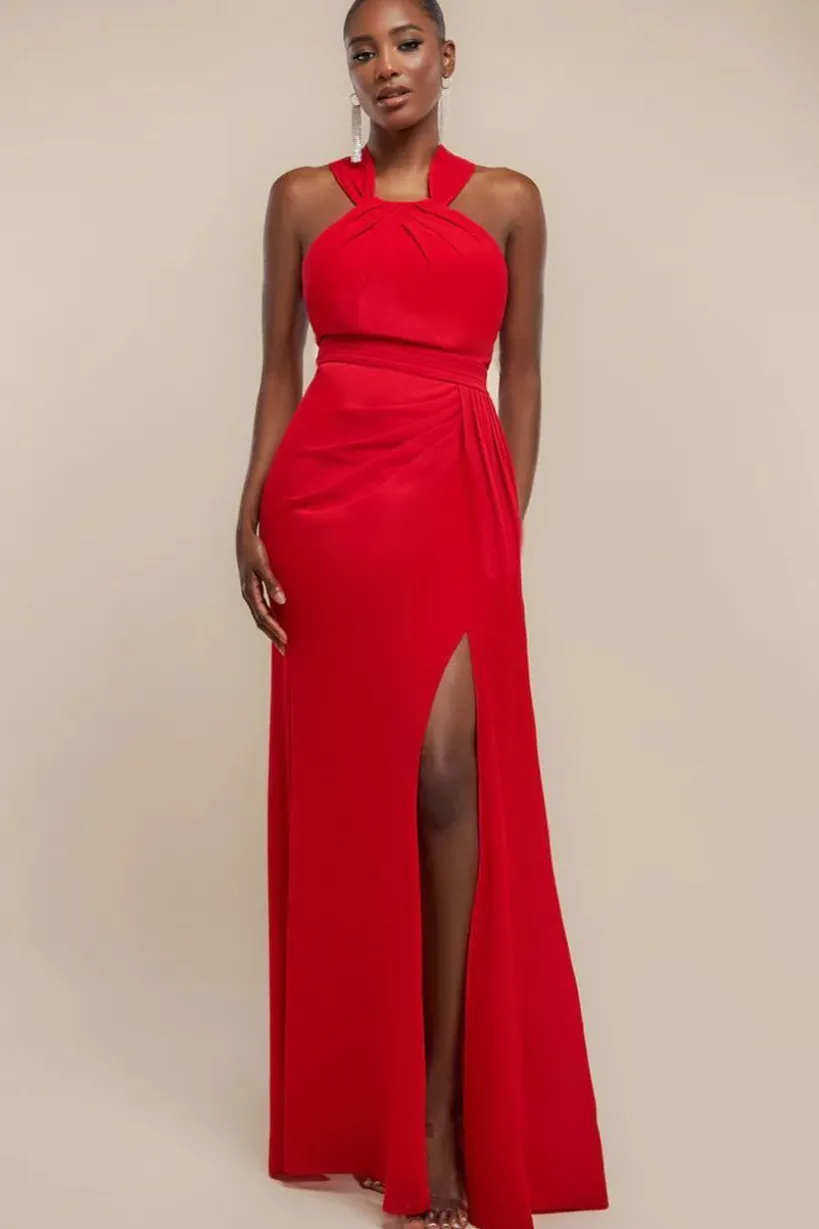 Halterneck Thigh Split Chiffon Maxi Dress - Red by Goddiva