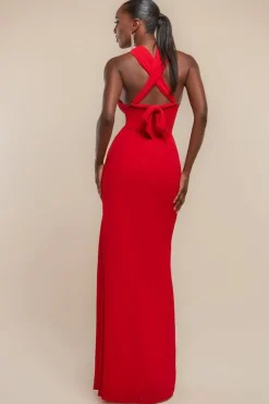 Halterneck Thigh Split Chiffon Maxi Dress - Red by Goddiva