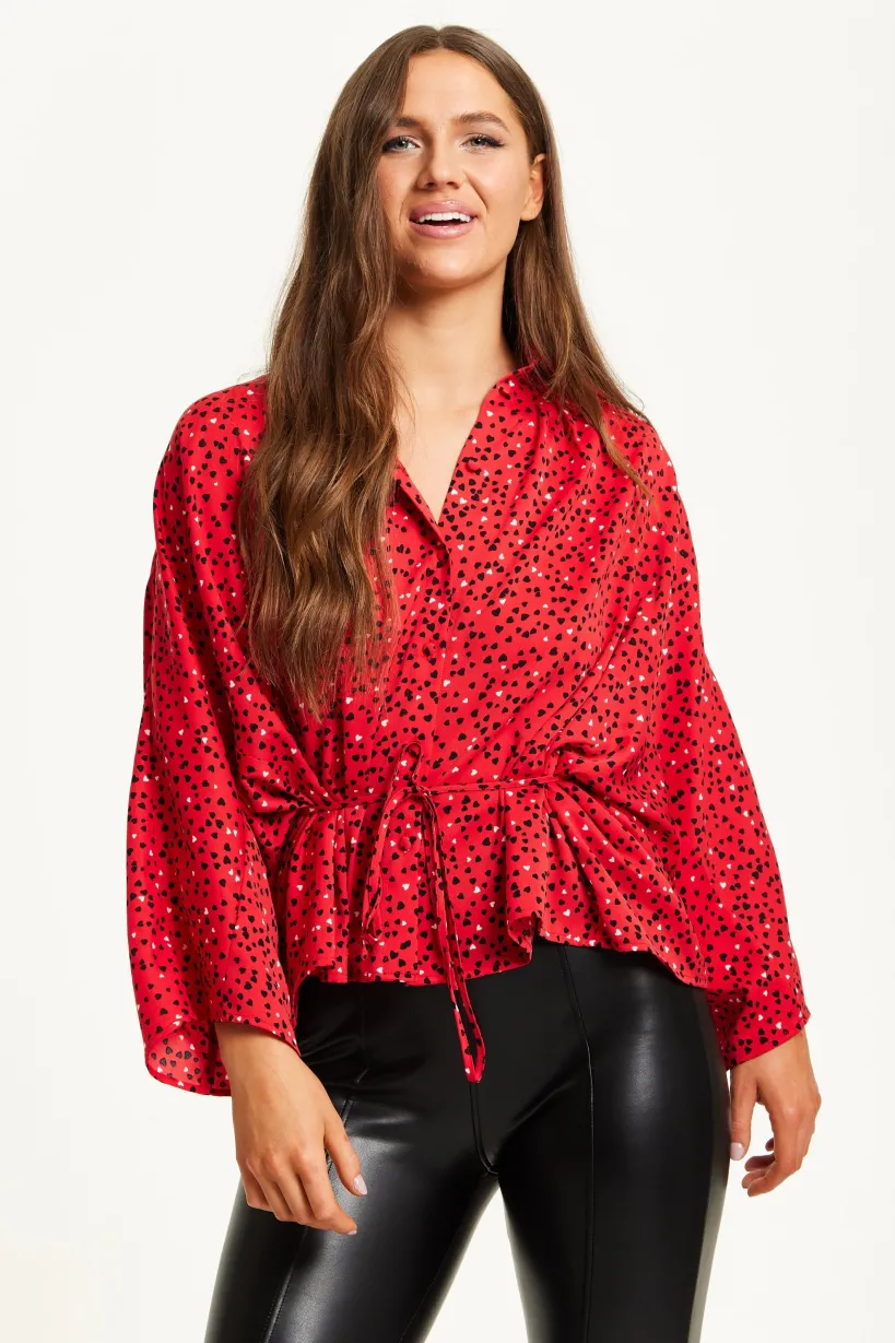 Heart Print Shirt With Long Sleeves And Tie Waist by Liquorish