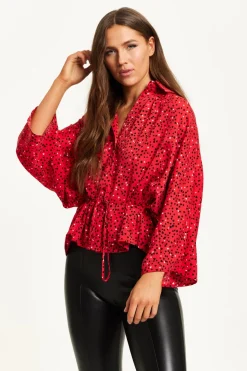 Heart Print Shirt With Long Sleeves And Tie Waist by Liquorish