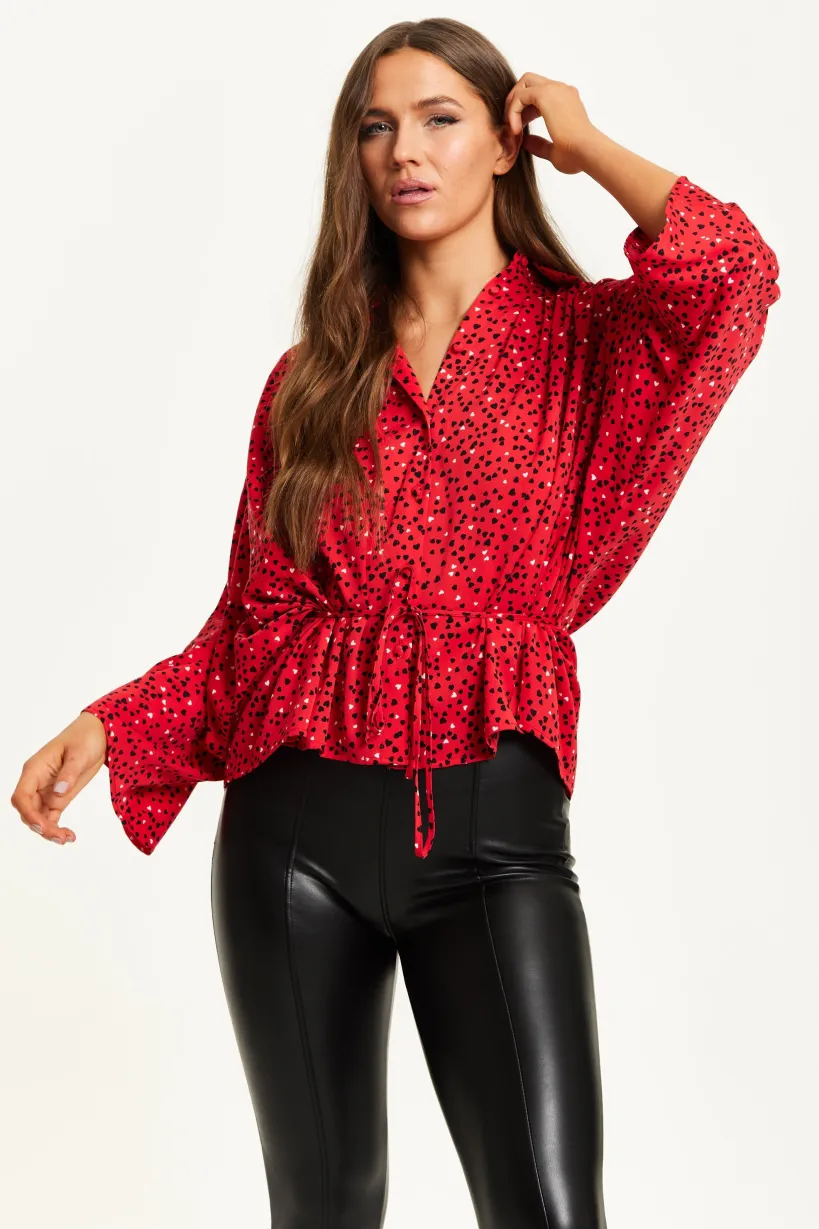 Heart Print Shirt With Long Sleeves And Tie Waist by Liquorish