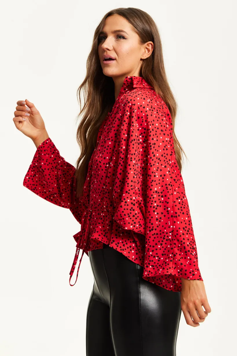 Heart Print Shirt With Long Sleeves And Tie Waist by Liquorish