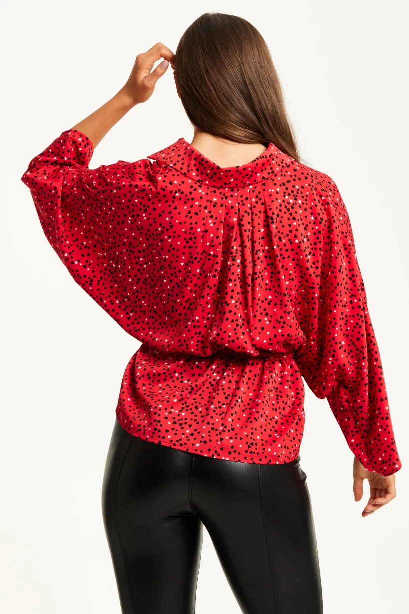 Heart Print Shirt With Long Sleeves And Tie Waist by Liquorish