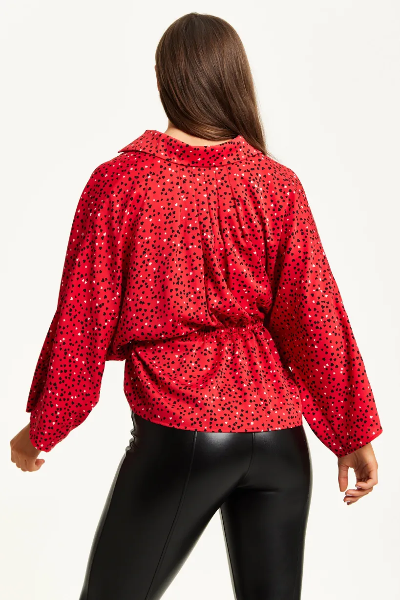 Heart Print Shirt With Long Sleeves And Tie Waist by Liquorish
