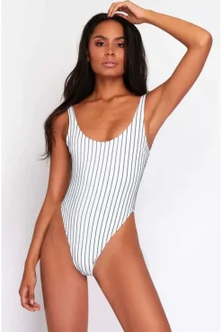 High Leg Swimsuit In Black & White Pinstripe by Maribela