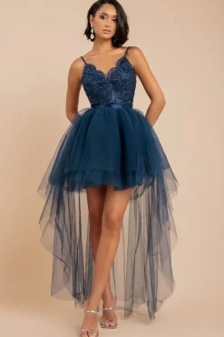 High Low Tulle Mini With Lace Bodice - Navy by Goddiva