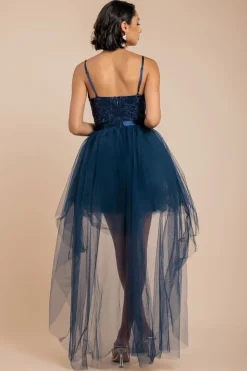 High Low Tulle Mini With Lace Bodice - Navy by Goddiva