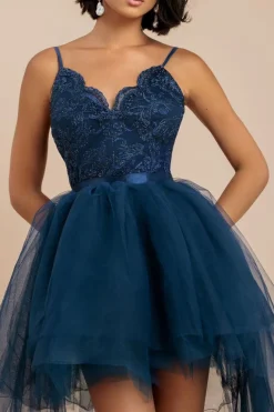 High Low Tulle Mini With Lace Bodice - Navy by Goddiva