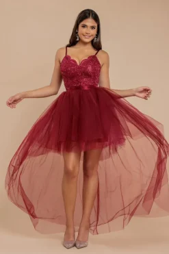 High Low Tulle Mini With Lace Bodice - Wine by Goddiva