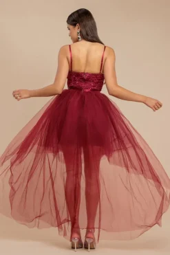 High Low Tulle Mini With Lace Bodice - Wine by Goddiva