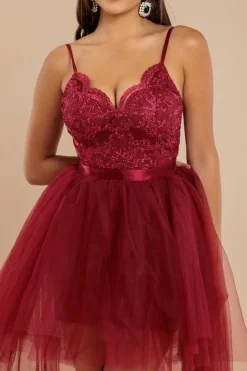 High Low Tulle Mini With Lace Bodice - Wine by Goddiva