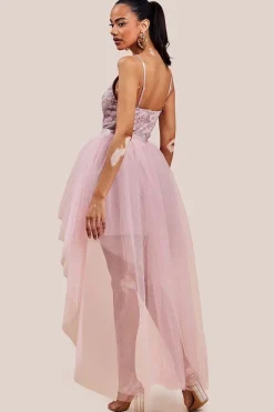 High Low Tulle Mini With Lace Bodice - Blush by Goddiva