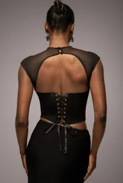High Neck Open Back Lace Up Scuba Corset Top - Black by Goddiva