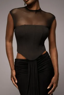 High Neck Open Back Lace Up Scuba Corset Top - Black by Goddiva