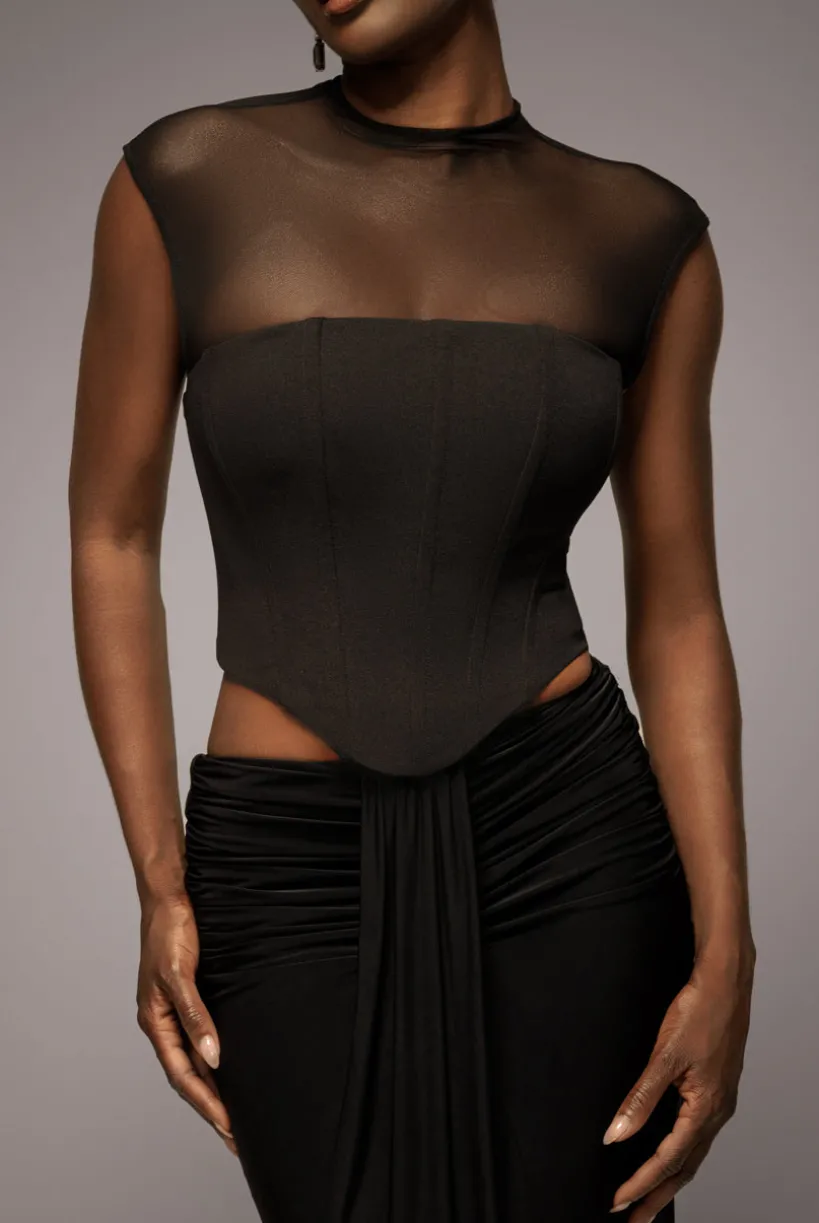 High Neck Open Back Lace Up Scuba Corset Top - Black by Goddiva