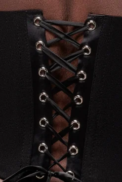 High Neck Open Back Lace Up Scuba Corset Top - Black by Goddiva