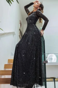 Hotfix Diamante Mesh A-Line Long Sleeve Maxi Dress - Black by Goddiva