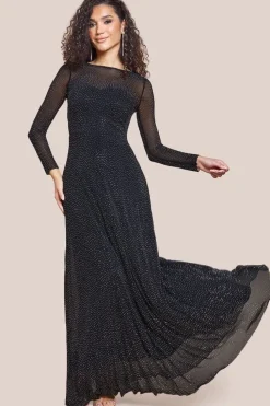 Hotfix Diamante Mesh A-Line Long Sleeve Maxi Dress - Black by Goddiva