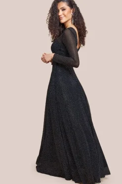 Hotfix Diamante Mesh A-Line Long Sleeve Maxi Dress - Black by Goddiva