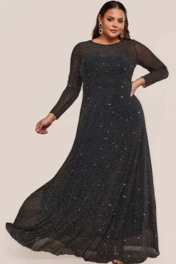 Hotfix Diamante Mesh A-Line Long Sleeve Maxi Dress - Black by Goddiva Plus