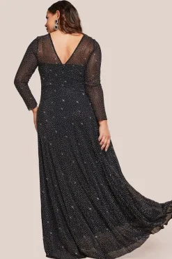 Hotfix Diamante Mesh A-Line Long Sleeve Maxi Dress - Black by Goddiva Plus