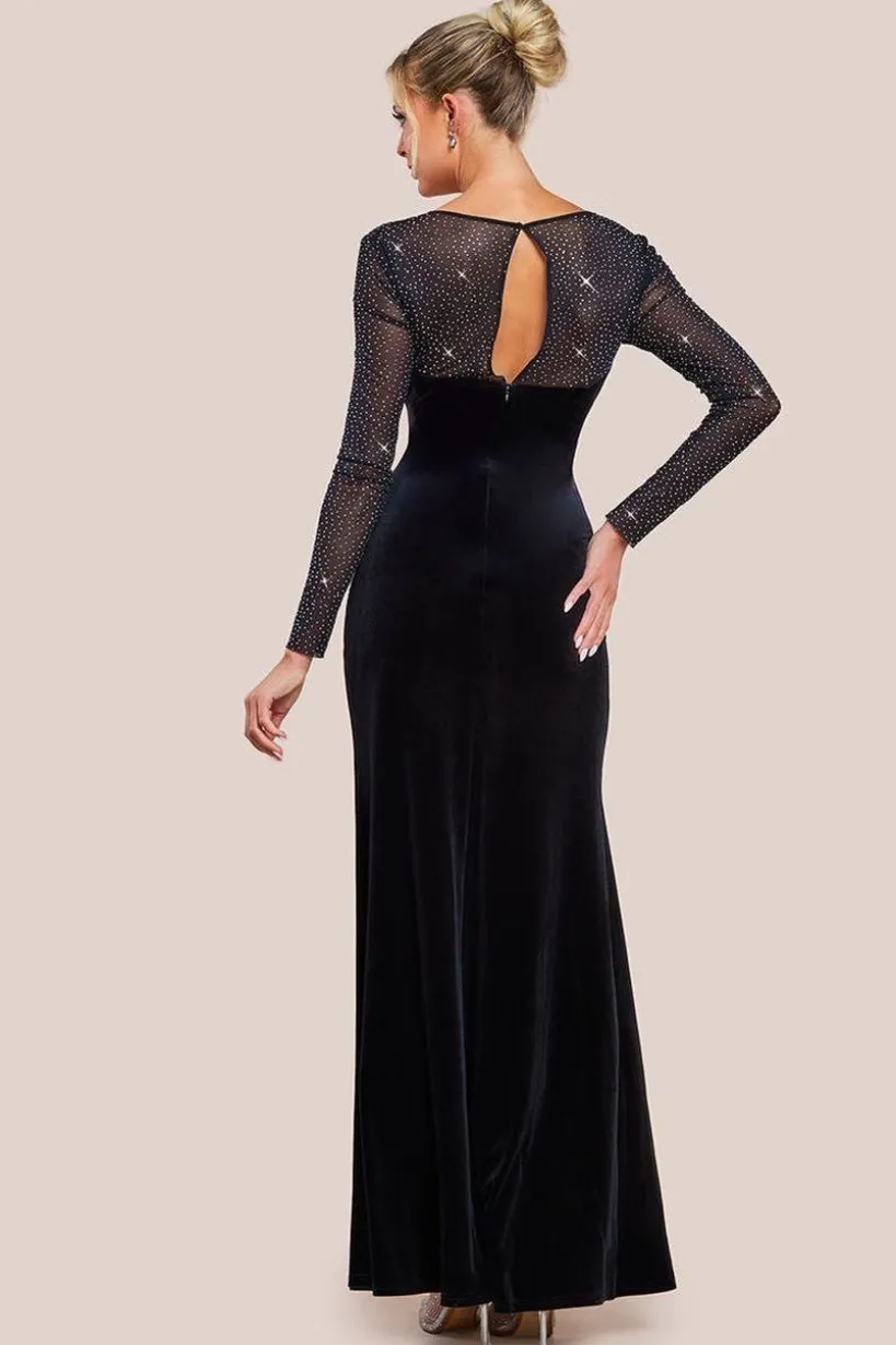 Hotfix Diamante Sleeve Front Split Velvet Maxi Dress - Black by Goddiva