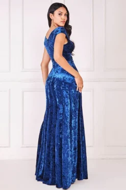 Ice Velvet Bardot Wrap Maxi - Navy by Goddiva