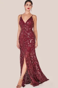 Iridescent Sequin Maxi With Front Split - Burgundy by Goddiva