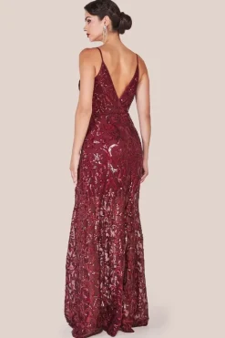 Iridescent Sequin Maxi With Front Split - Burgundy by Goddiva