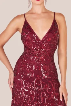 Iridescent Sequin Maxi With Front Split - Burgundy by Goddiva