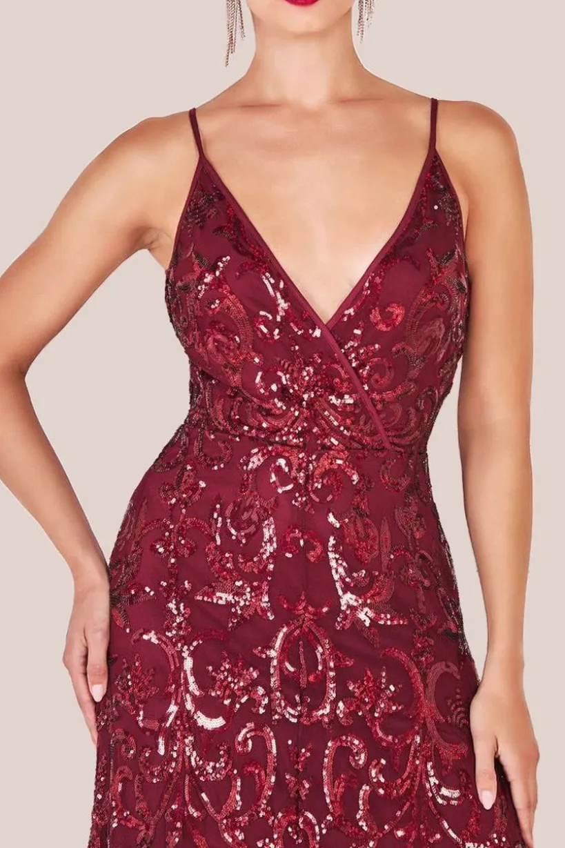 Iridescent Sequin Maxi With Front Split - Burgundy by Goddiva
