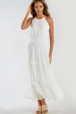 Ivory Tiered Halterneck Maxi Dress With Crochet Details by Aftershock London