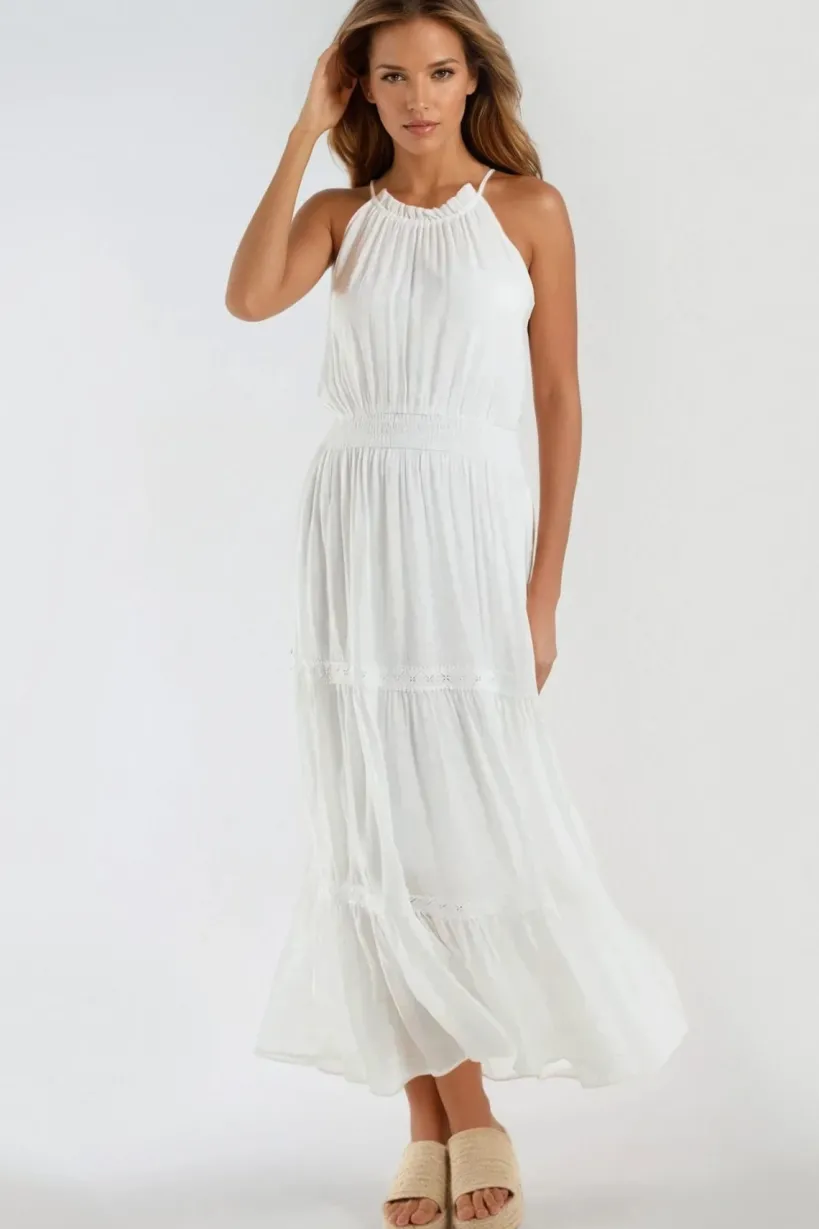 Ivory Tiered Halterneck Maxi Dress With Crochet Details by Aftershock London