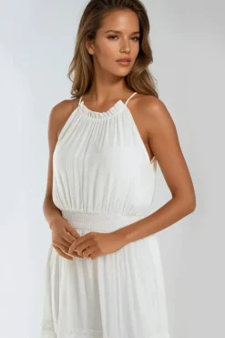Ivory Tiered Halterneck Maxi Dress With Crochet Details by Aftershock London