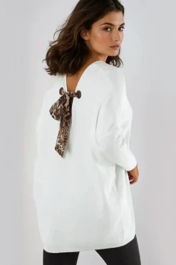 Ivory V Neck Jumper With Leopard Bow by Aftershock London