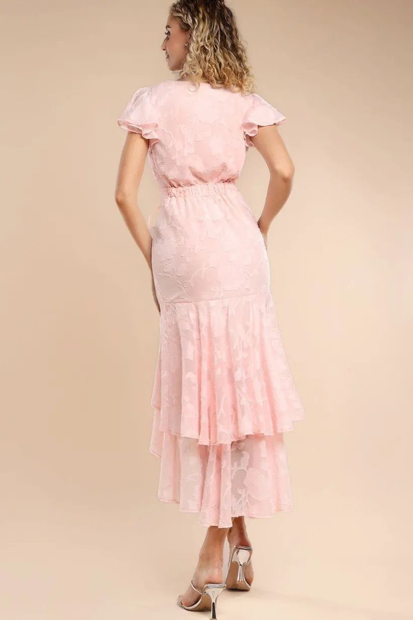 Jacquard Chiffon Wrap High Low Midaxi Dress - Pink by Goddiva