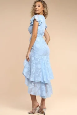 Jacquard Chiffon Wrap High Low Midaxi Dress - Blue by Goddiva