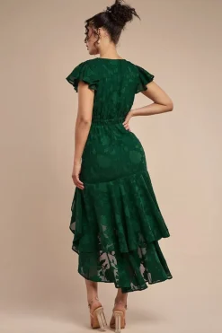 Jacquard Chiffon Wrap High Low Midaxi Dress - Emerald Green by Goddiva
