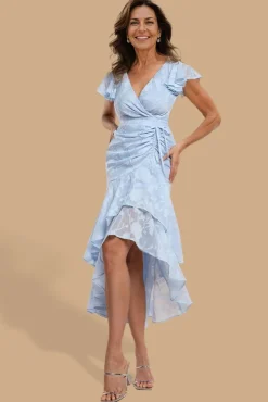 Jacquard Chiffon Wrap High Low Midaxi Dress - Blue by Goddiva