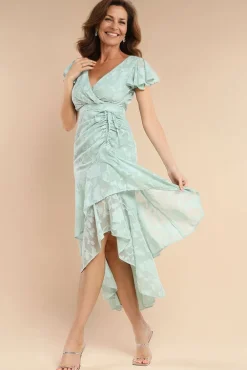Jacquard Chiffon Wrap High Low Midaxi Dress - SageGreen by Goddiva