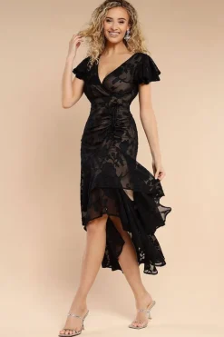 Jacquard Chiffon Wrap High Low Midaxi Dress - Black by Goddiva
