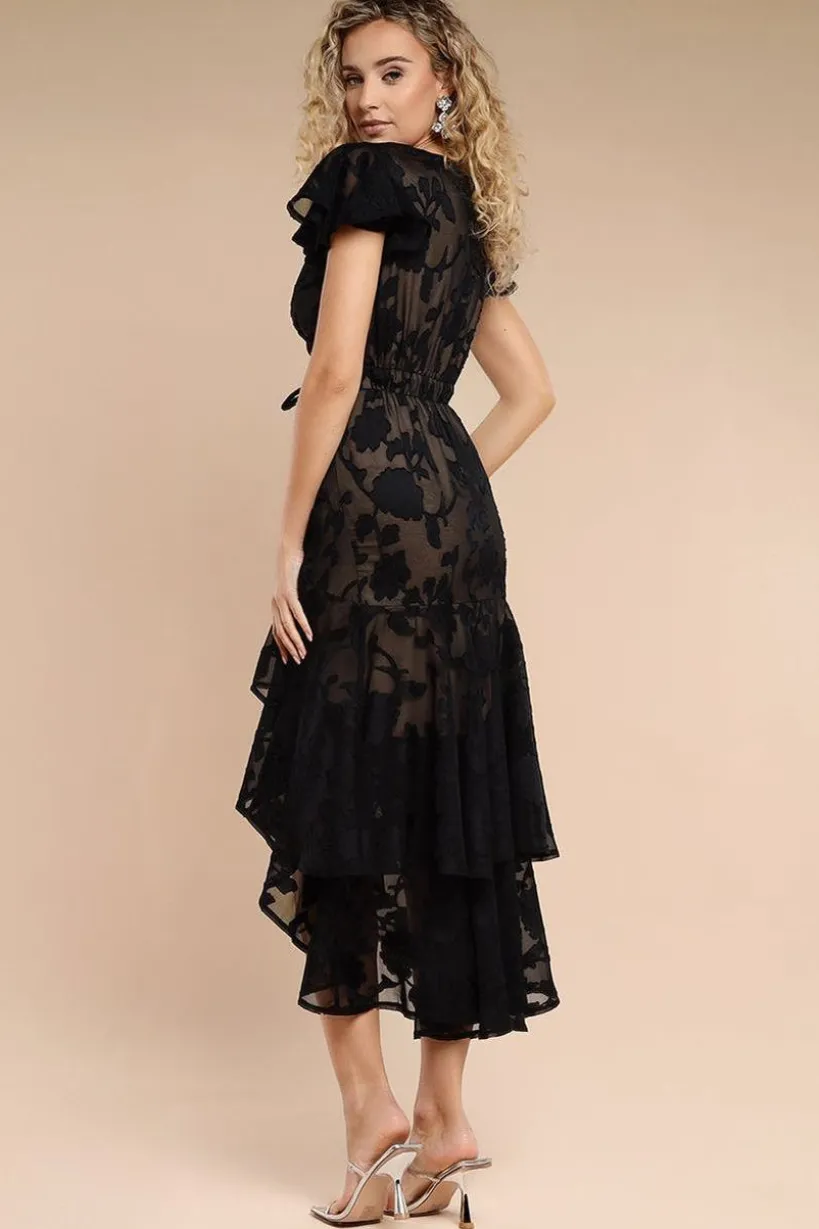 Jacquard Chiffon Wrap High Low Midaxi Dress - Black by Goddiva