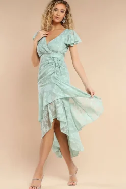 Jacquard Chiffon Wrap High Low Midaxi Dress - SageGreen by Goddiva
