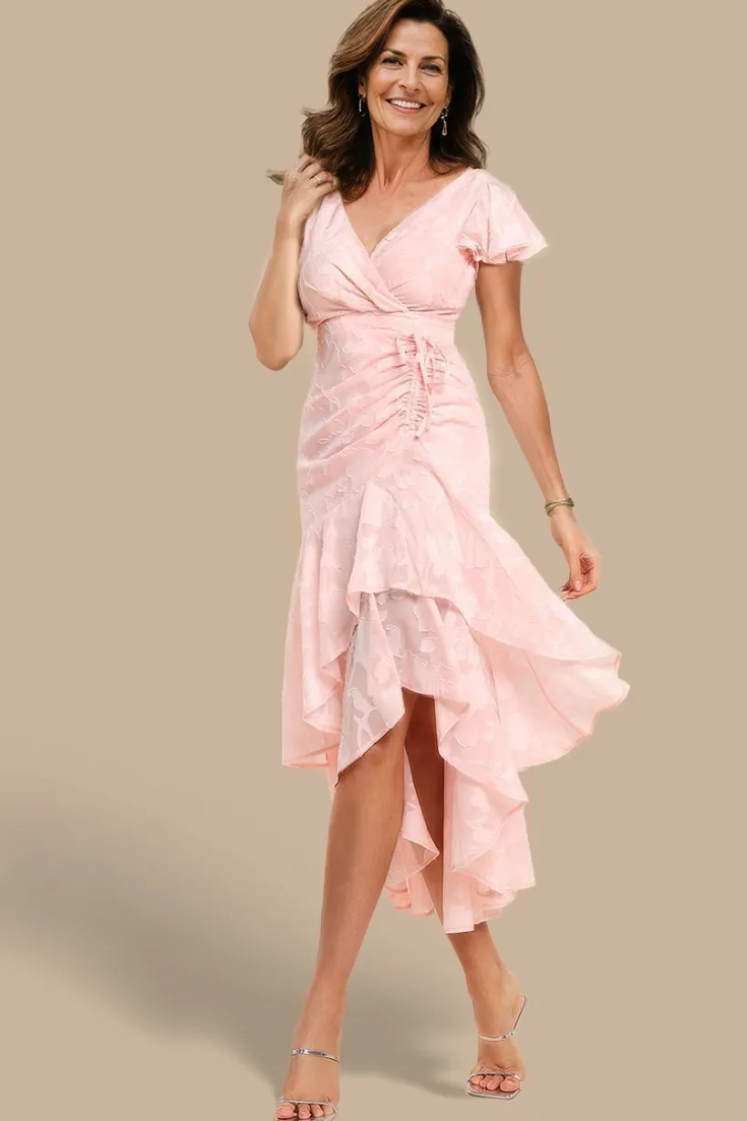 Jacquard Chiffon Wrap High Low Midaxi Dress - Pink by Goddiva