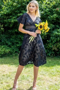 Jacquard Lurex Burnout A Line Midi Dress - Black by Goddiva