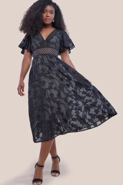 Jacquard Lurex Burnout A Line Midi Dress - Black by Goddiva