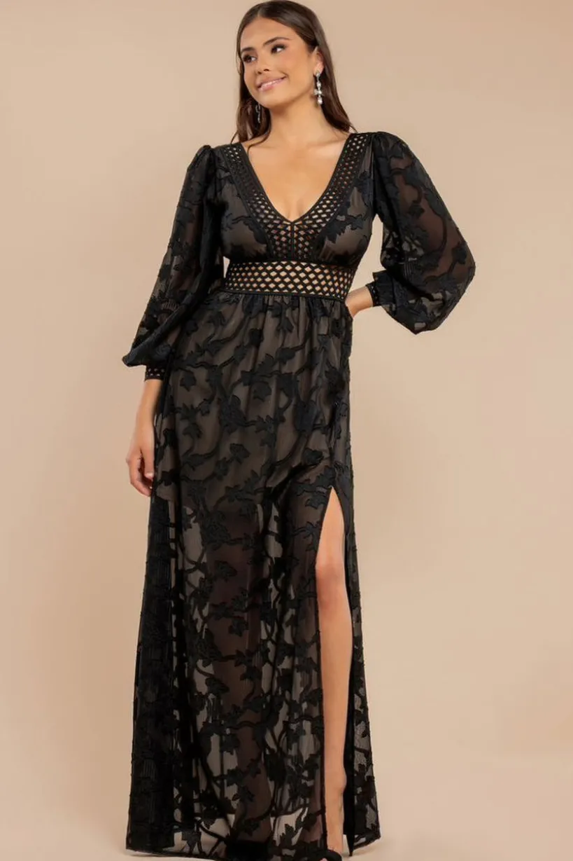 Jacquard Lurex Burnout Front Split Maxi Dress - Black by Goddiva