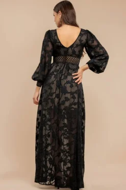 Jacquard Lurex Burnout Front Split Maxi Dress - Black by Goddiva